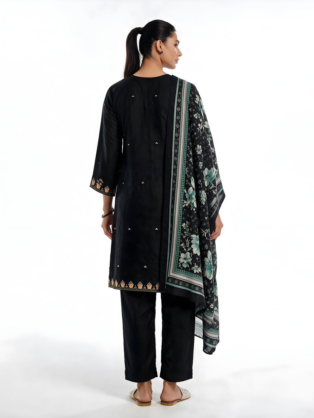 3Pc Embroidered Pret Suit Cotton Silk Black & Sea Green - OWE3P-2601008