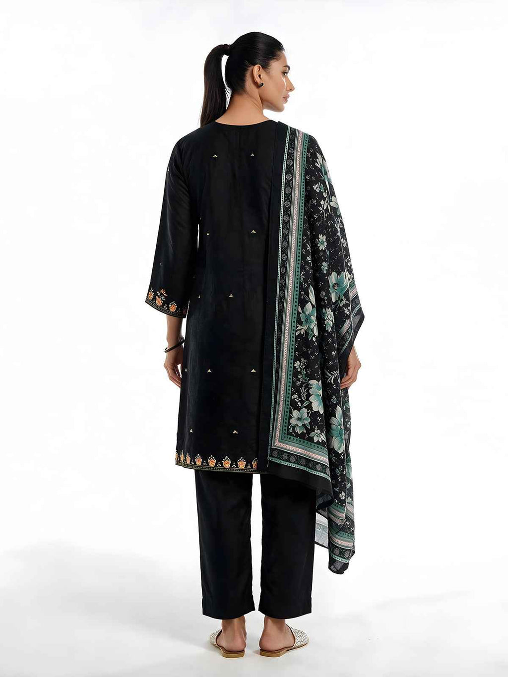 3Pc Embroidered Pret Suit Cotton Silk Black & Sea Green - OWE3P-2601008