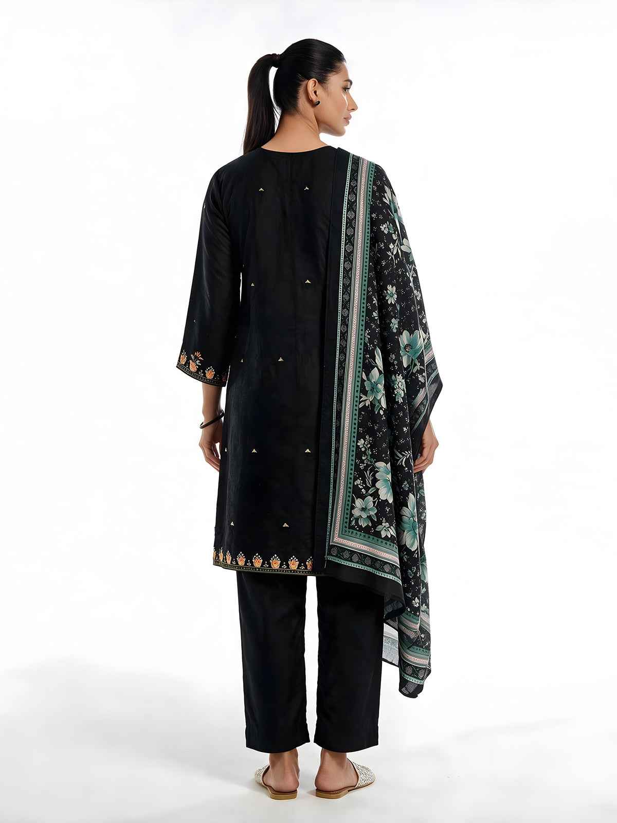 3Pc Embroidered Pret Suit Cotton Silk Black & Sea Green - OWE3P-2601008