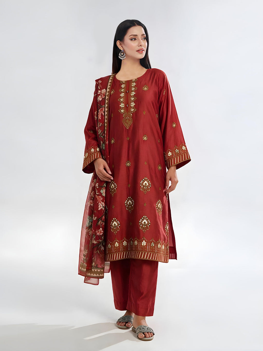 3Pc Embroidered Pret Suit Cotton Silk Rust - OWE3P-2601009