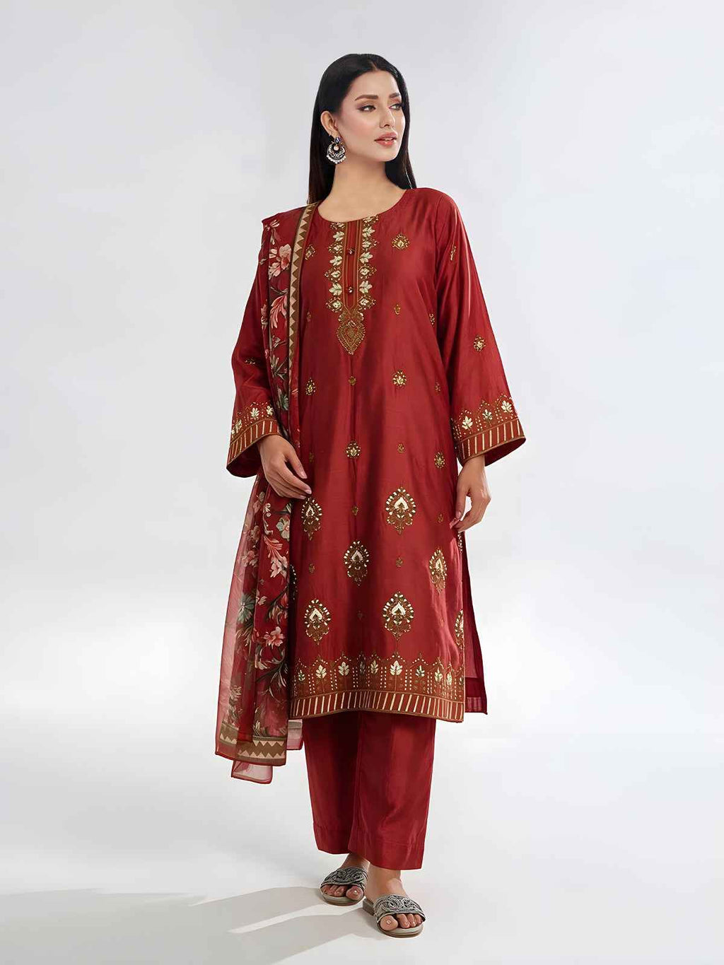 3Pc Embroidered Pret Suit Cotton Silk Rust - OWE3P-2601009