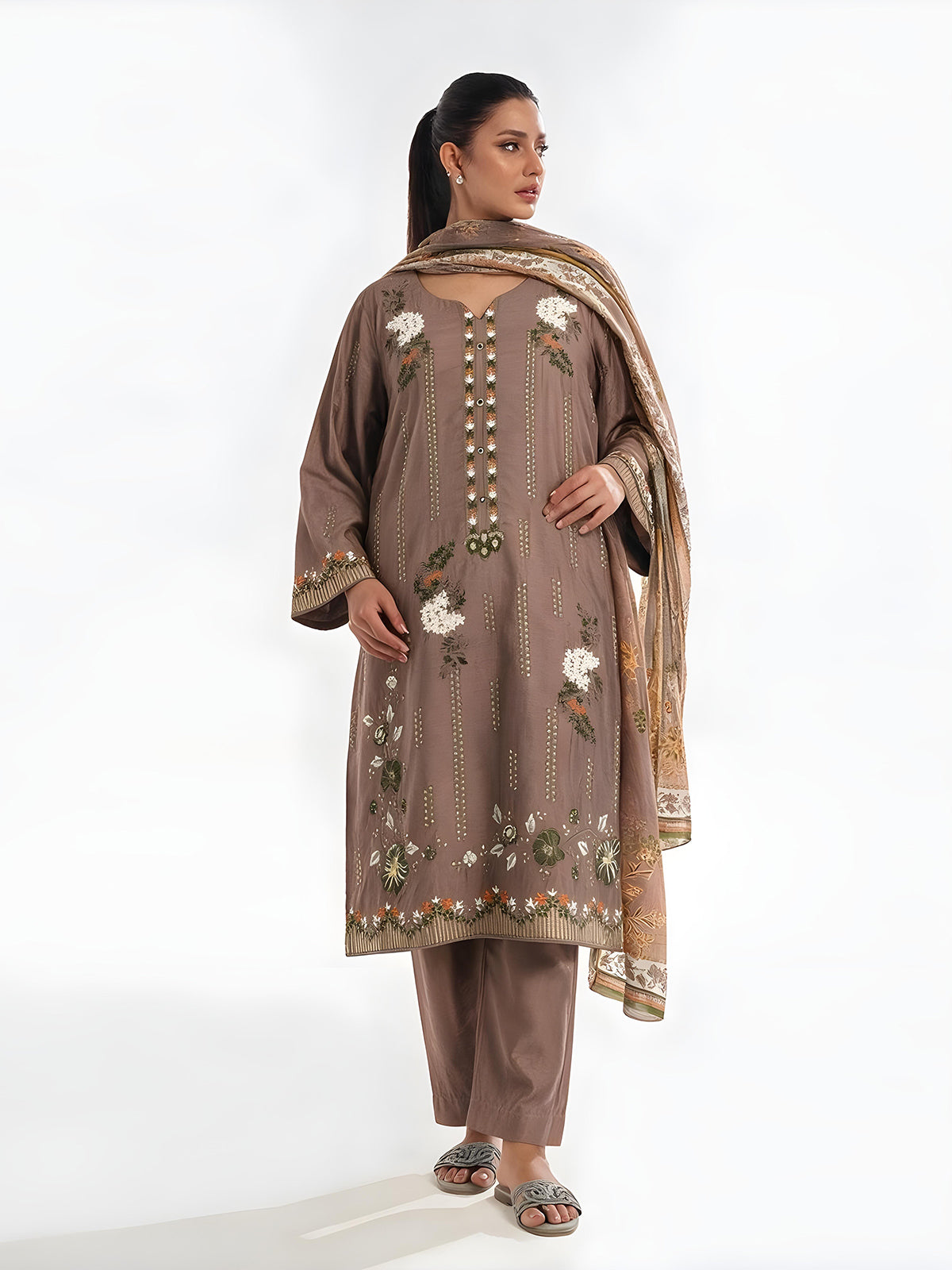 3Pc Embroidered Pret Suit Cotton Silk Light Brown - OWE3P-2601010