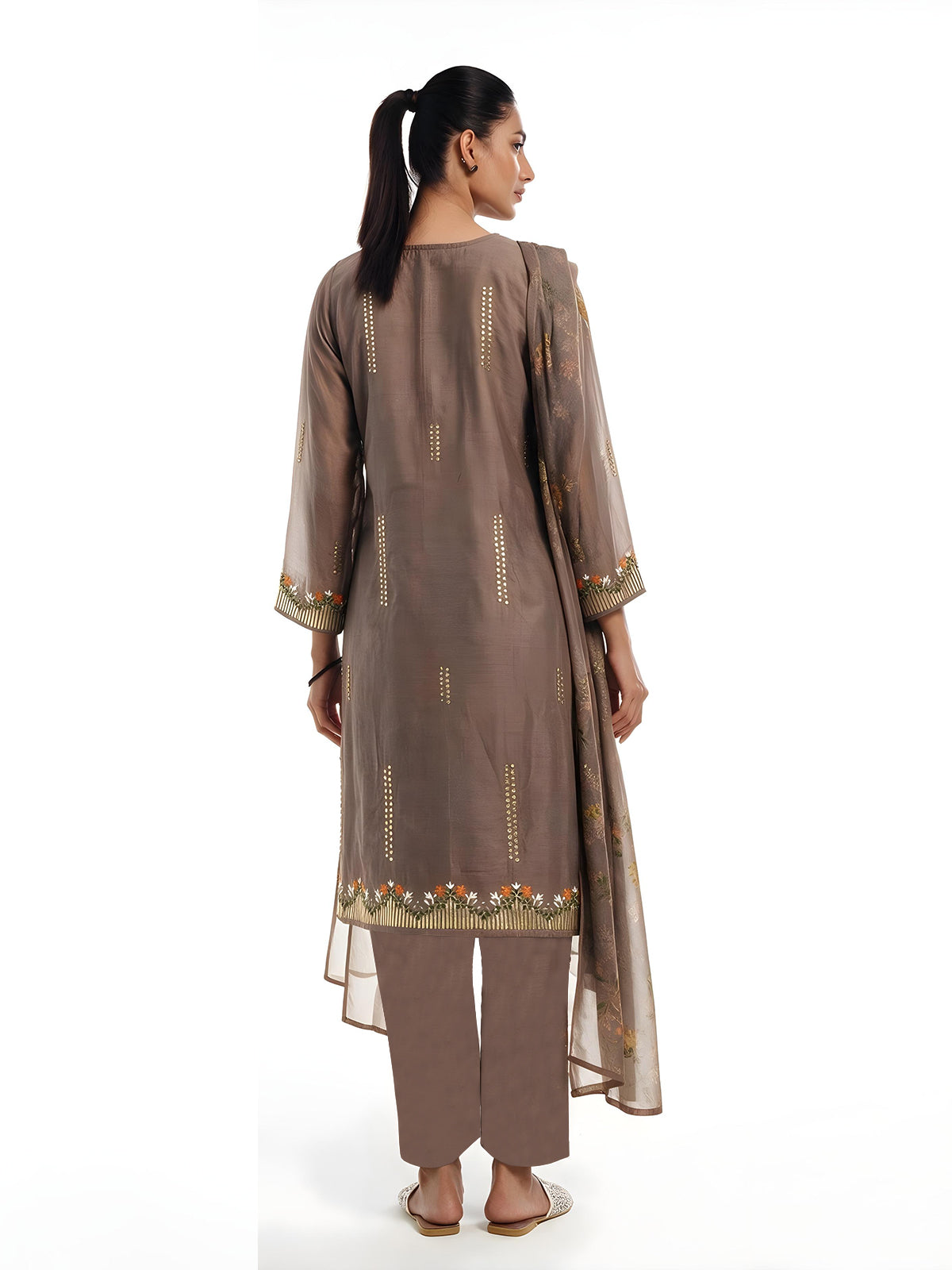 3Pc Embroidered Pret Suit Cotton Silk Light Brown - OWE3P-2601010