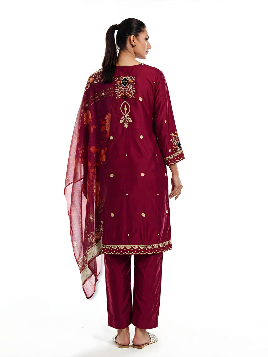 3Pc Embroidered Pret Suit Cotton Silk Maroon - OWE3P-2601011