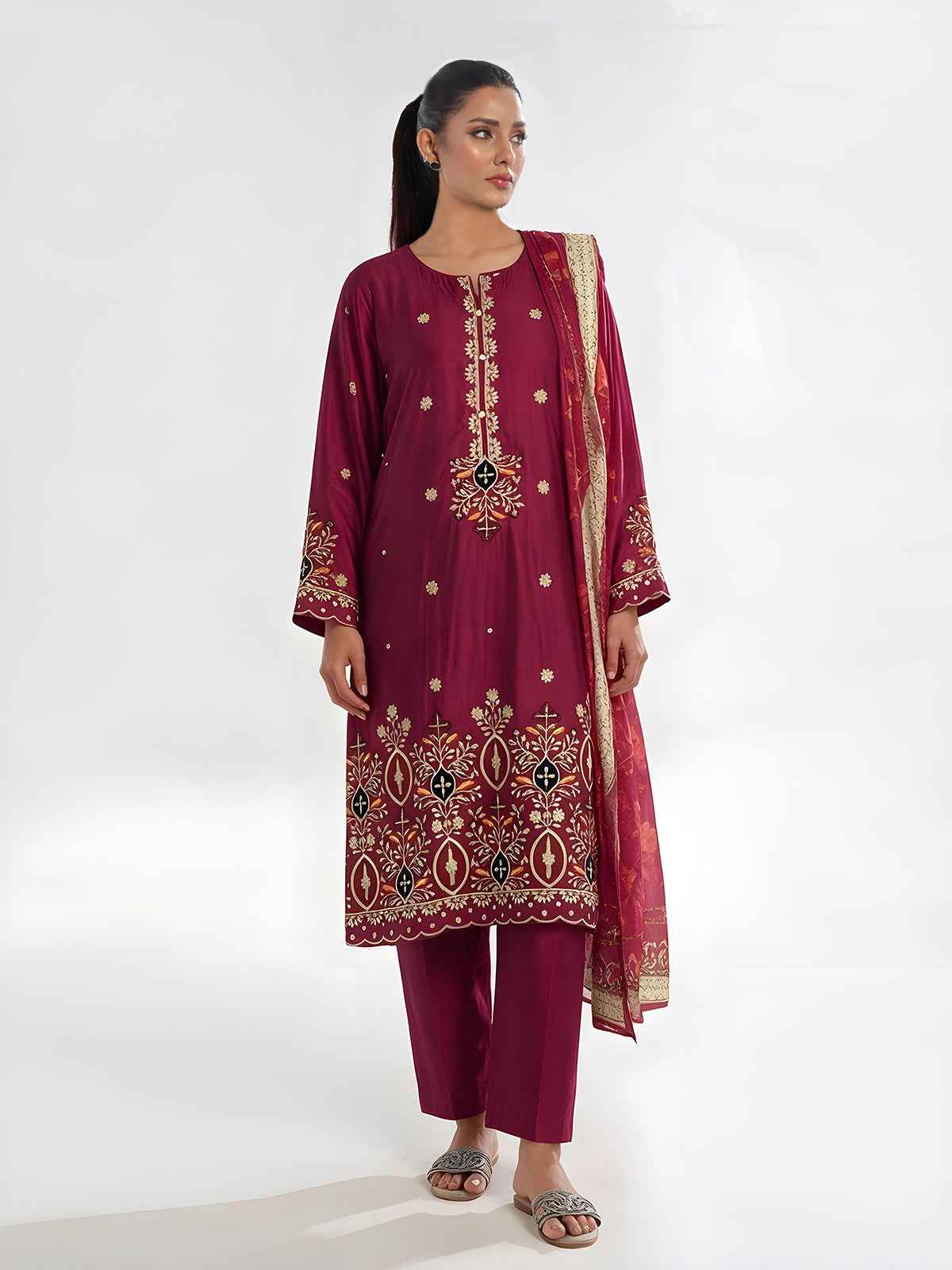 3Pc Embroidered Pret Suit Cotton Silk Maroon - OWE3P-2601011