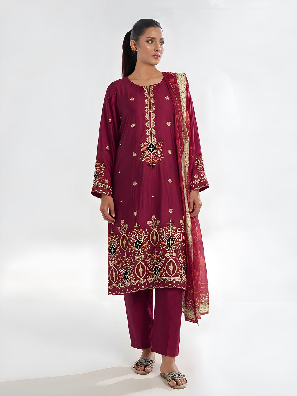 3Pc Embroidered Pret Suit Cotton Silk Maroon - OWE3P-2601011