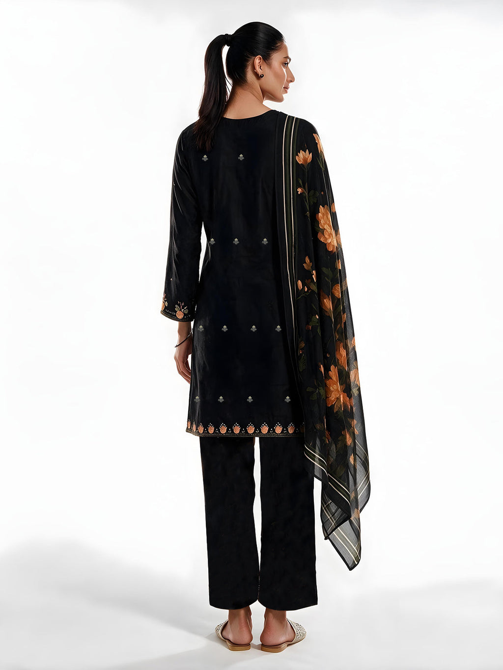 3Pc Embroidered Pret Suit Cotton Silk Black & Orange - OWE3P-2601012
