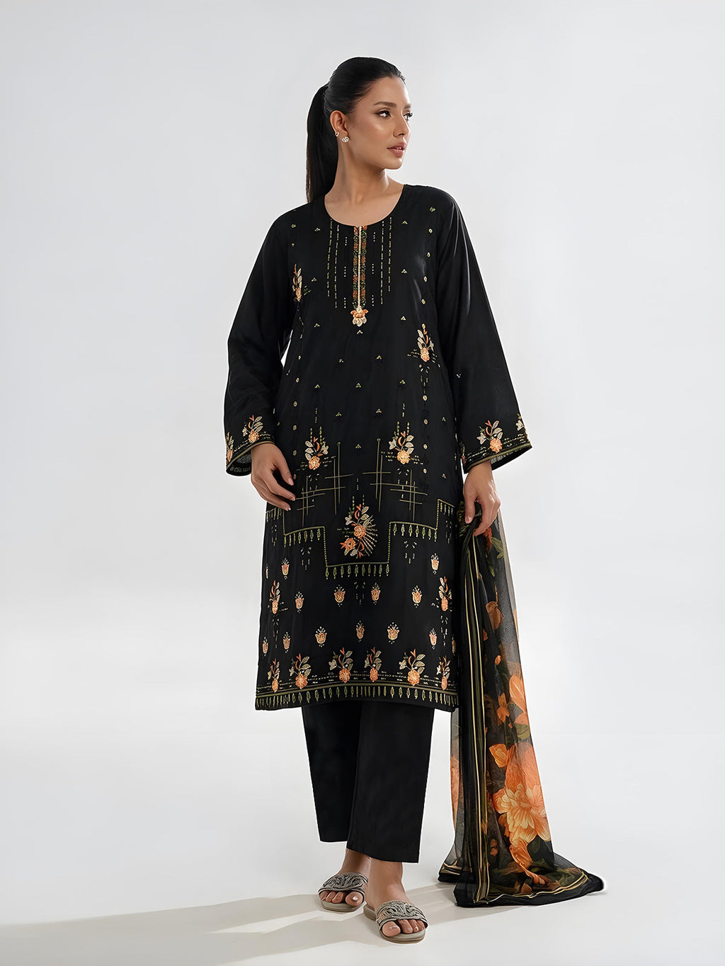 3Pc Embroidered Pret Suit Cotton Silk Black & Orange - OWE3P-2601012