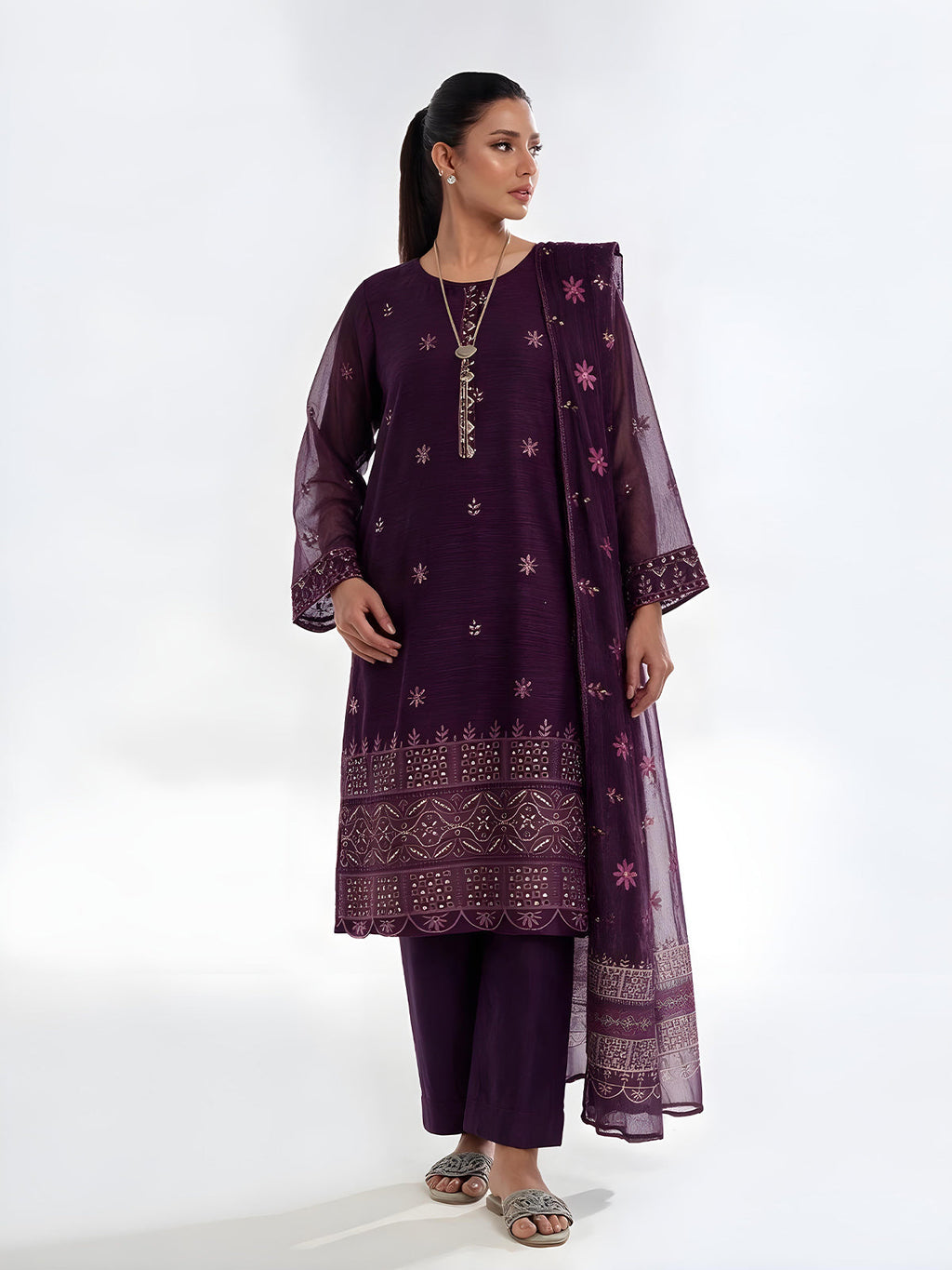 3Pc Embroidered Pret Suit Organza Net Slub Purple - OWE3P-2601019