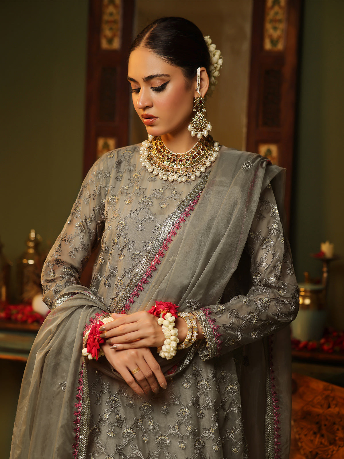 3Pc Embroidered Pret Suit Organza Brown - OWE3P-2406014
