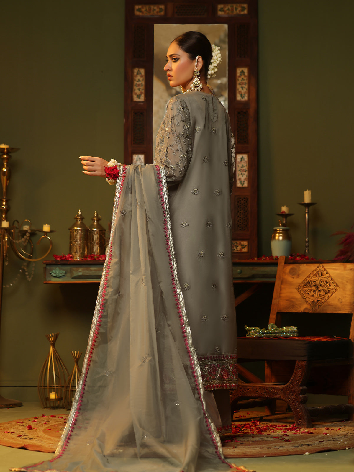 3Pc Embroidered Pret Suit Organza Brown - OWE3P-2406014