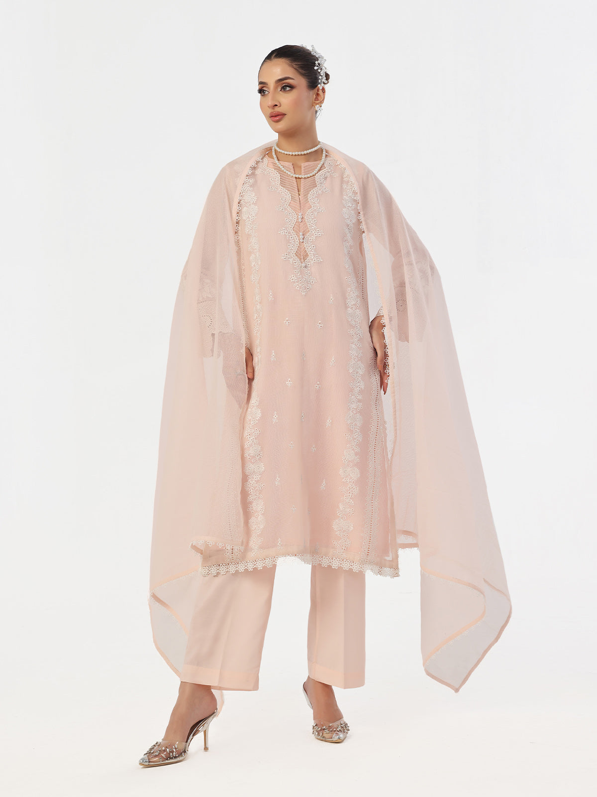 3Pc Embroidered Pret Suit Net Baby pink - OWE3P-2410002