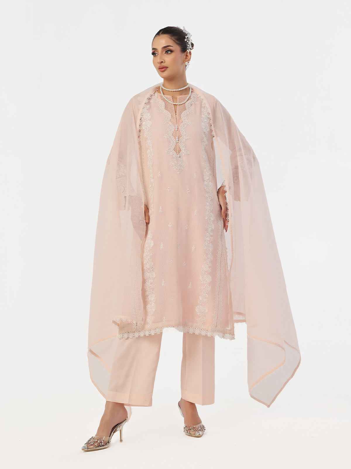 3Pc Embroidered Pret Suit Net Baby pink - OWE3P-2410002