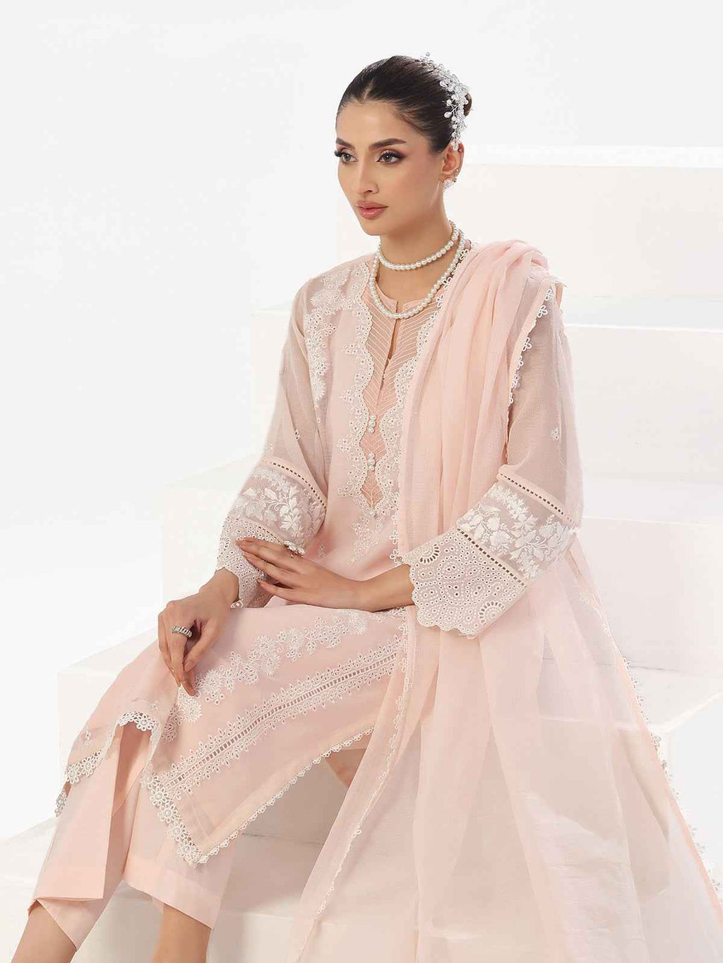 3Pc Embroidered Pret Suit Net Baby pink - OWE3P-2410002