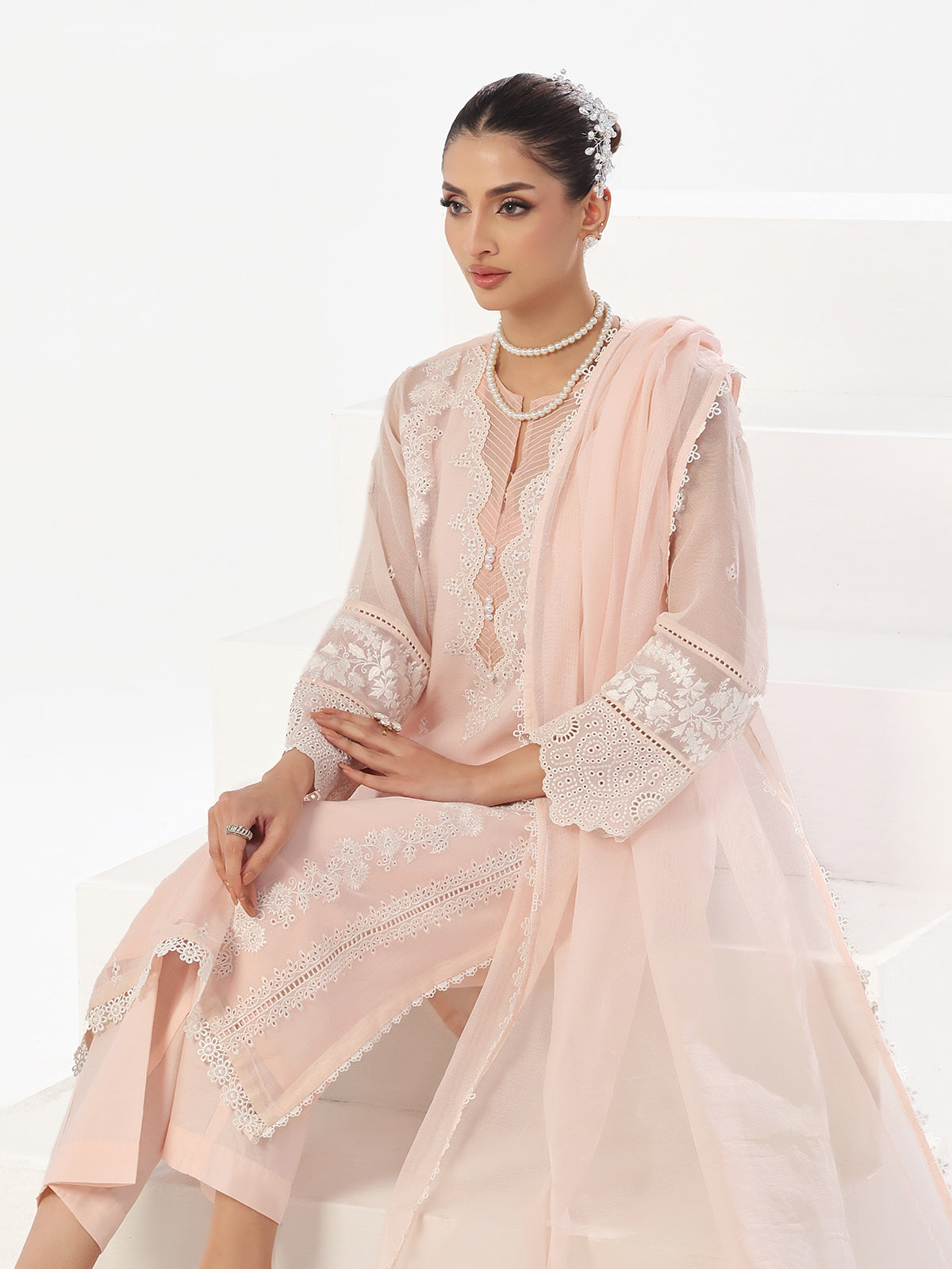 3Pc Embroidered Pret Suit Net Baby pink - OWE3P-2410002