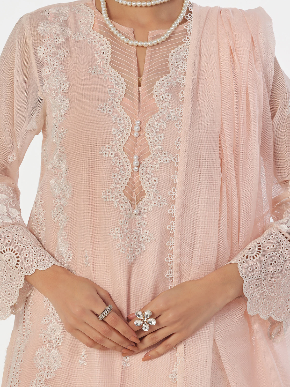 3Pc Embroidered Pret Suit Net Baby pink - OWE3P-2410002