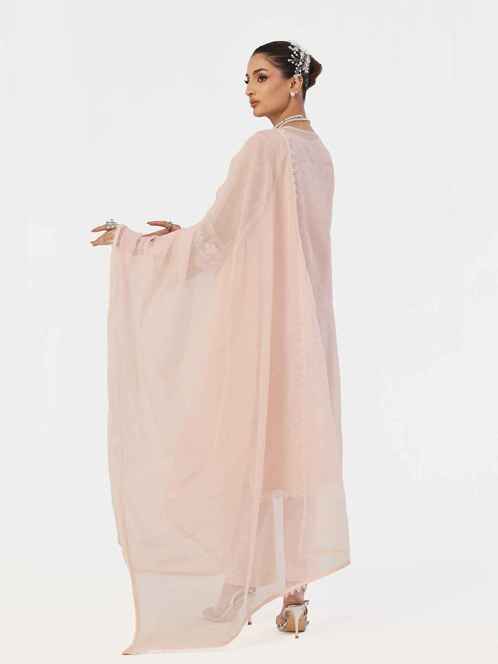3Pc Embroidered Pret Suit Net Baby pink - OWE3P-2410002
