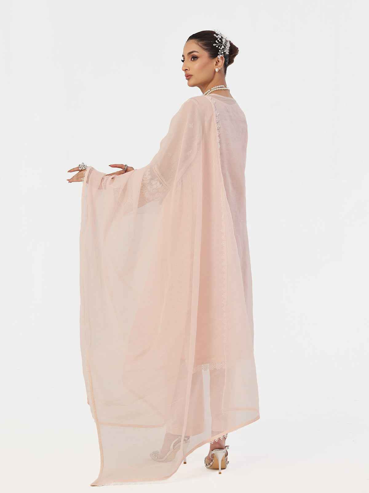 3Pc Embroidered Pret Suit Net Baby pink - OWE3P-2410002