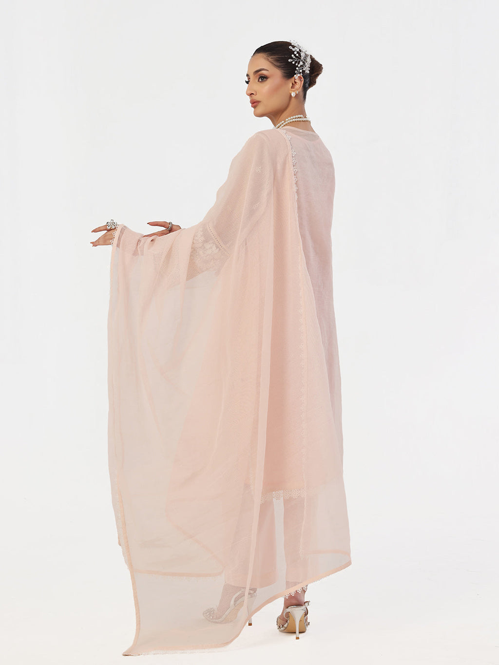 3Pc Embroidered Pret Suit Net Baby pink - OWE3P-2410002