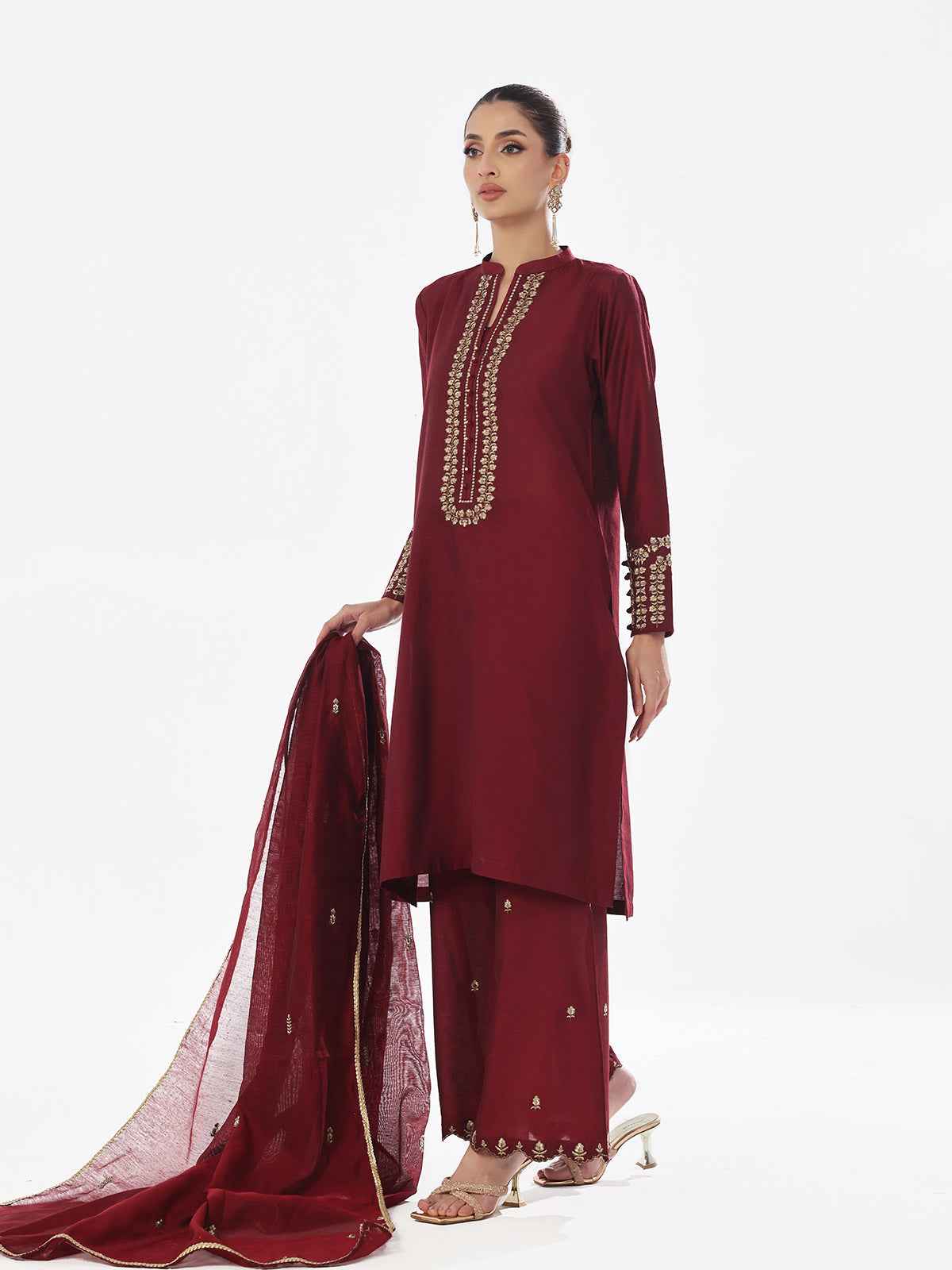 3Pc Embroidered Pret Suit Cotton Silk Maroon - OWE3P-2410009