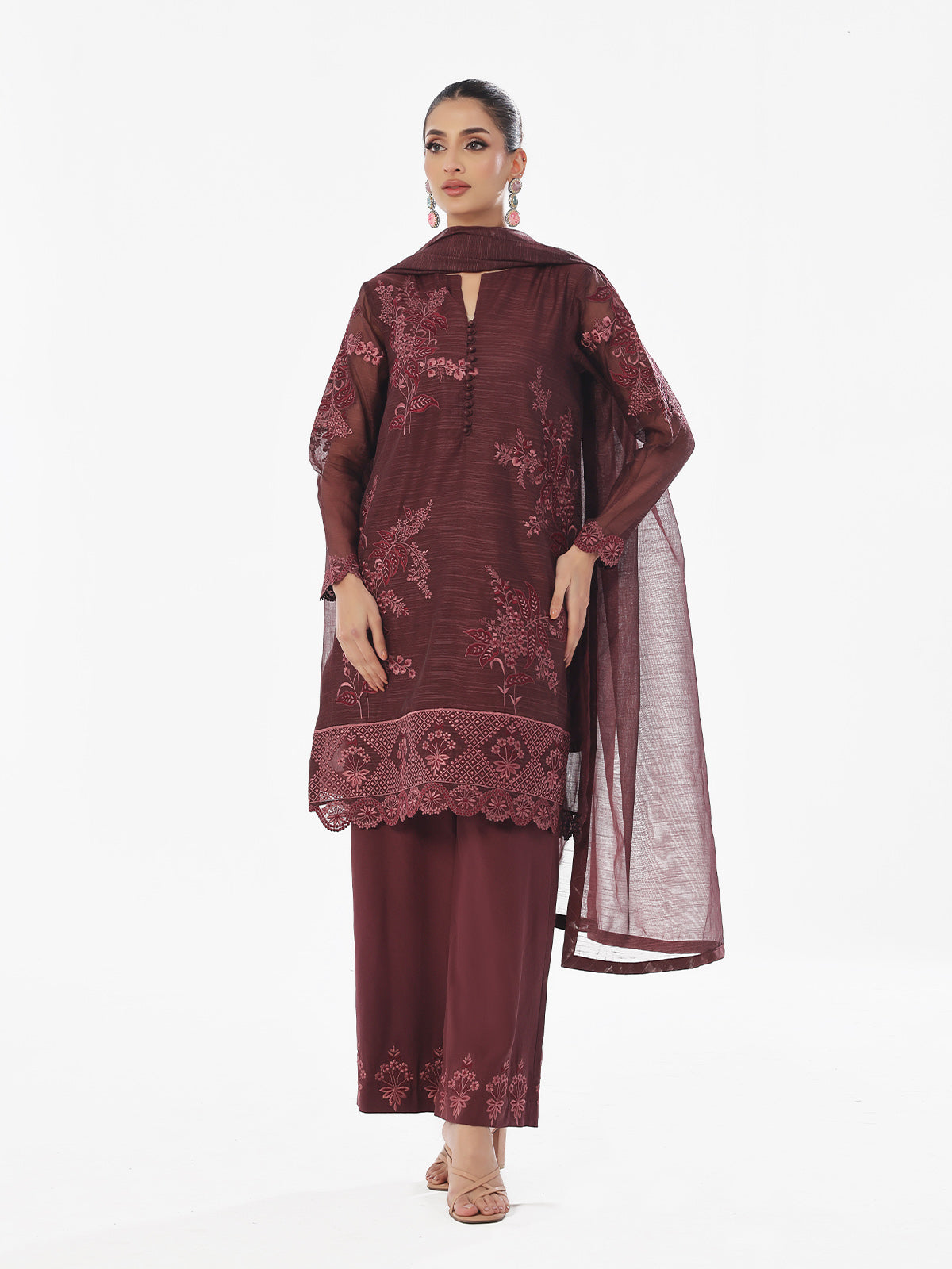 3Pc Embroidered Pret Suit Net Slub Polly Plum - OWE3P-2410014