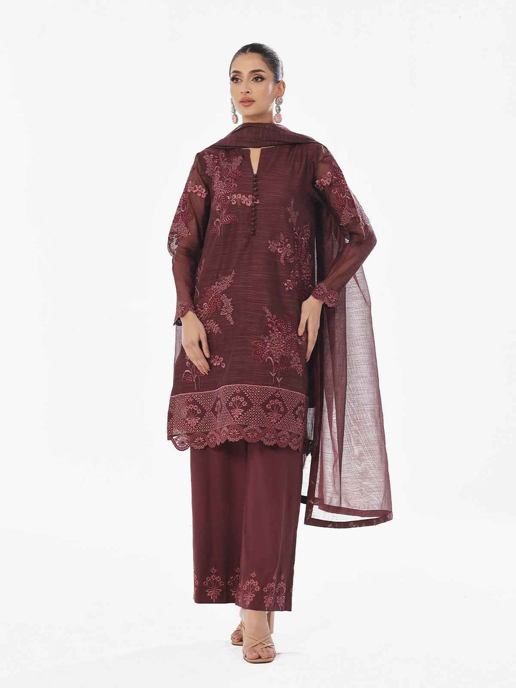 3Pc Embroidered Pret Suit Net Slub Polly Plum - OWE3P-2410014