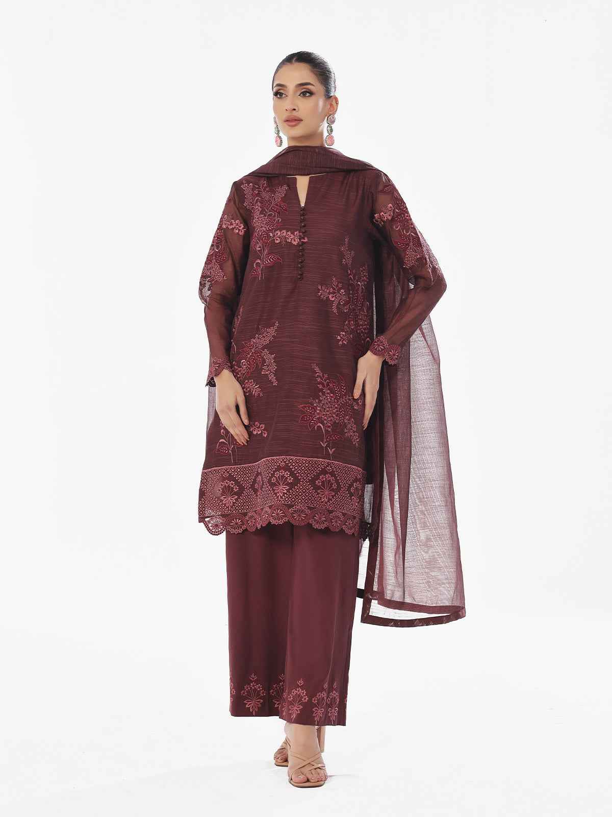 3Pc Embroidered Pret Suit Net Slub Polly Plum - OWE3P-2410014