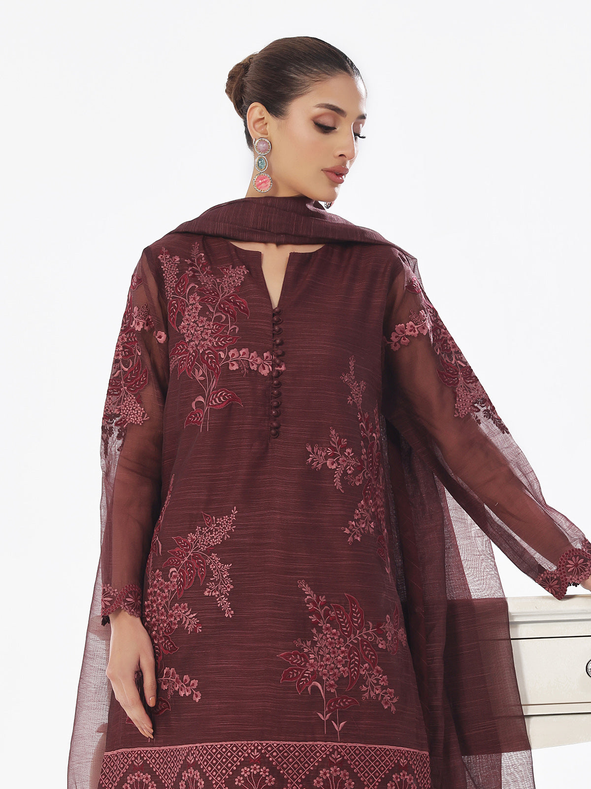 3Pc Embroidered Pret Suit Net Slub Polly Plum - OWE3P-2410014