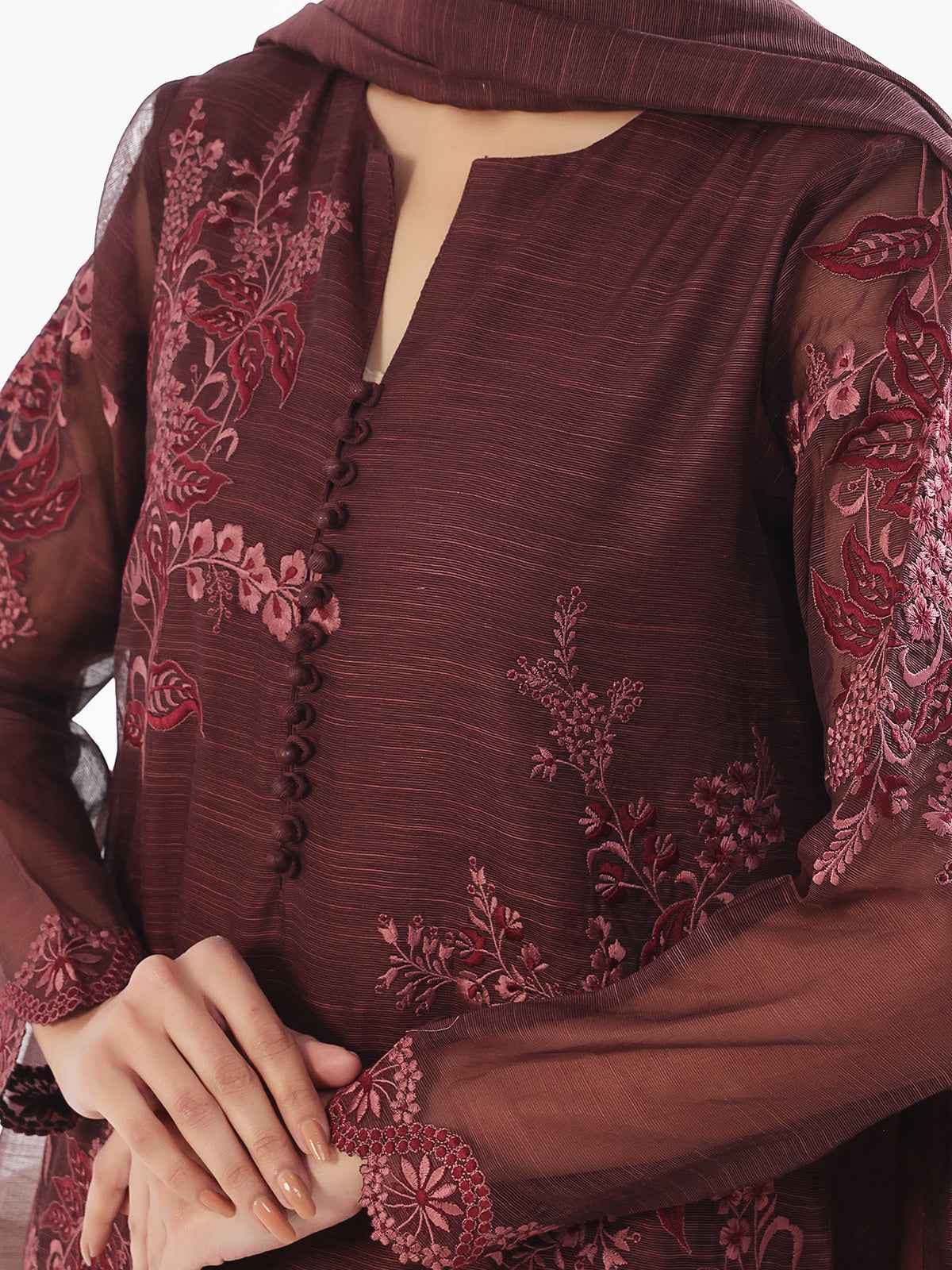3Pc Embroidered Pret Suit Net Slub Polly Plum - OWE3P-2410014