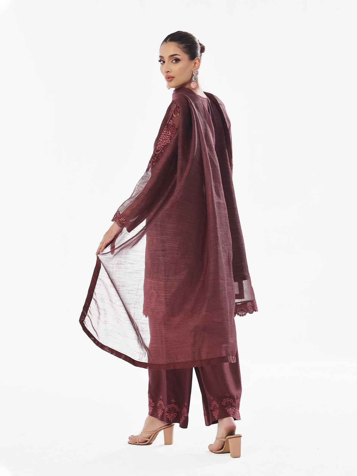 3Pc Embroidered Pret Suit Net Slub Polly Plum - OWE3P-2410014