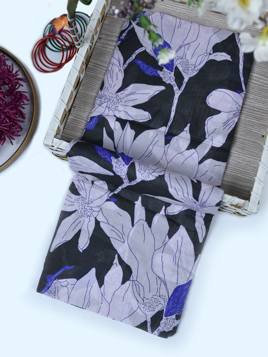 1Pc Printed Pret Dupatta Lawn Black & Purple - OWDT-2411037-1