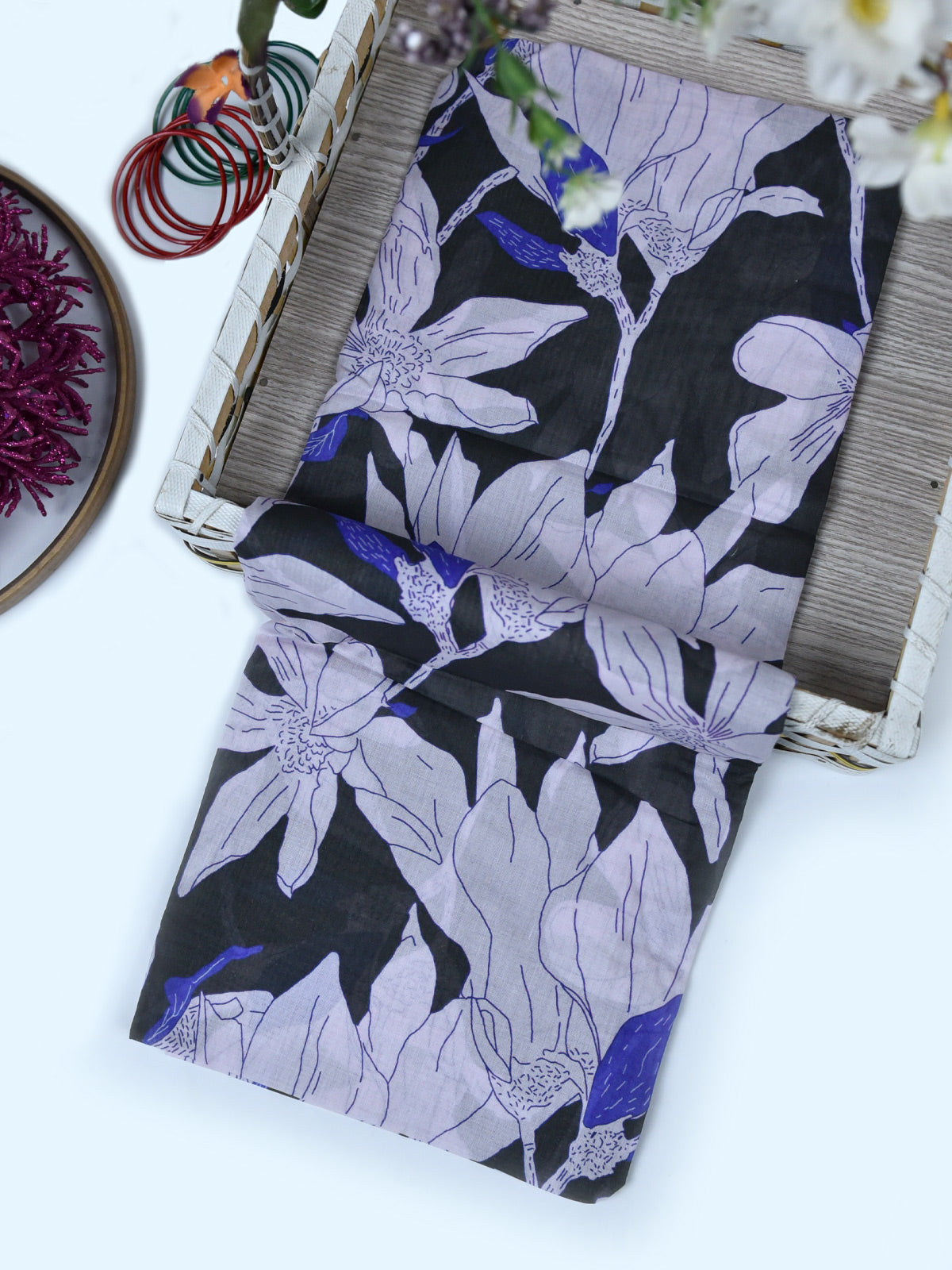 1Pc Printed Pret Dupatta Lawn Black & Purple - OWDT-2411037-1