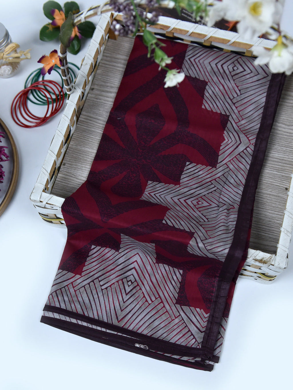 1Pc Printed Pret Dupatta Lawn Brown & Maroon - OWDT-2411037-1