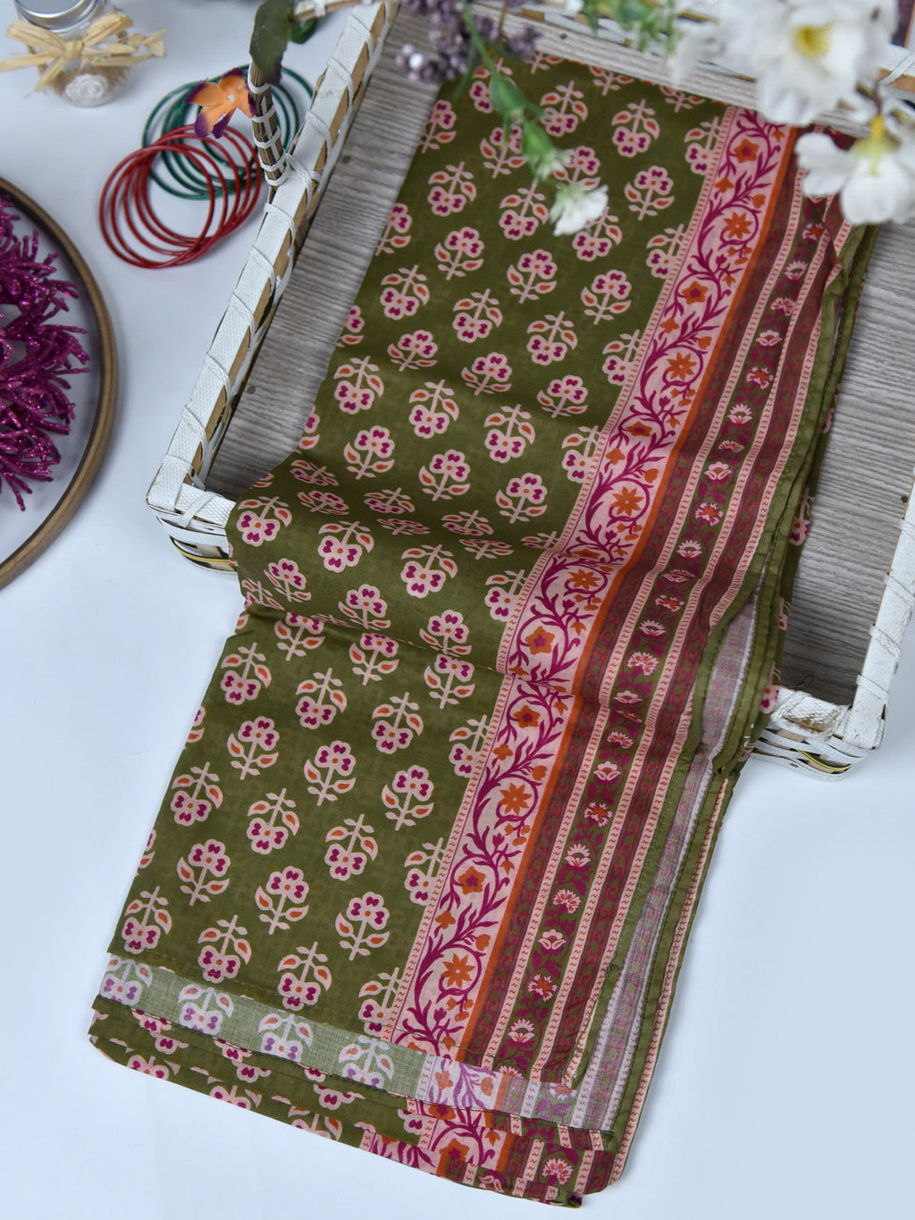 1Pc Printed Pret Dupatta Lawn Green & Magenta - OWDT-2411037-1