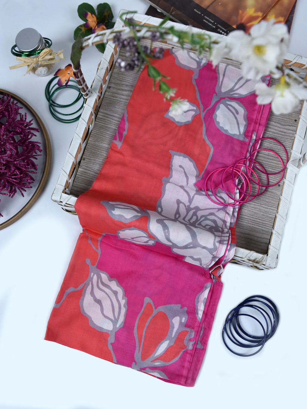 1Pc Printed Pret Dupatta Lawn Pink - OWDT-2411037-1
