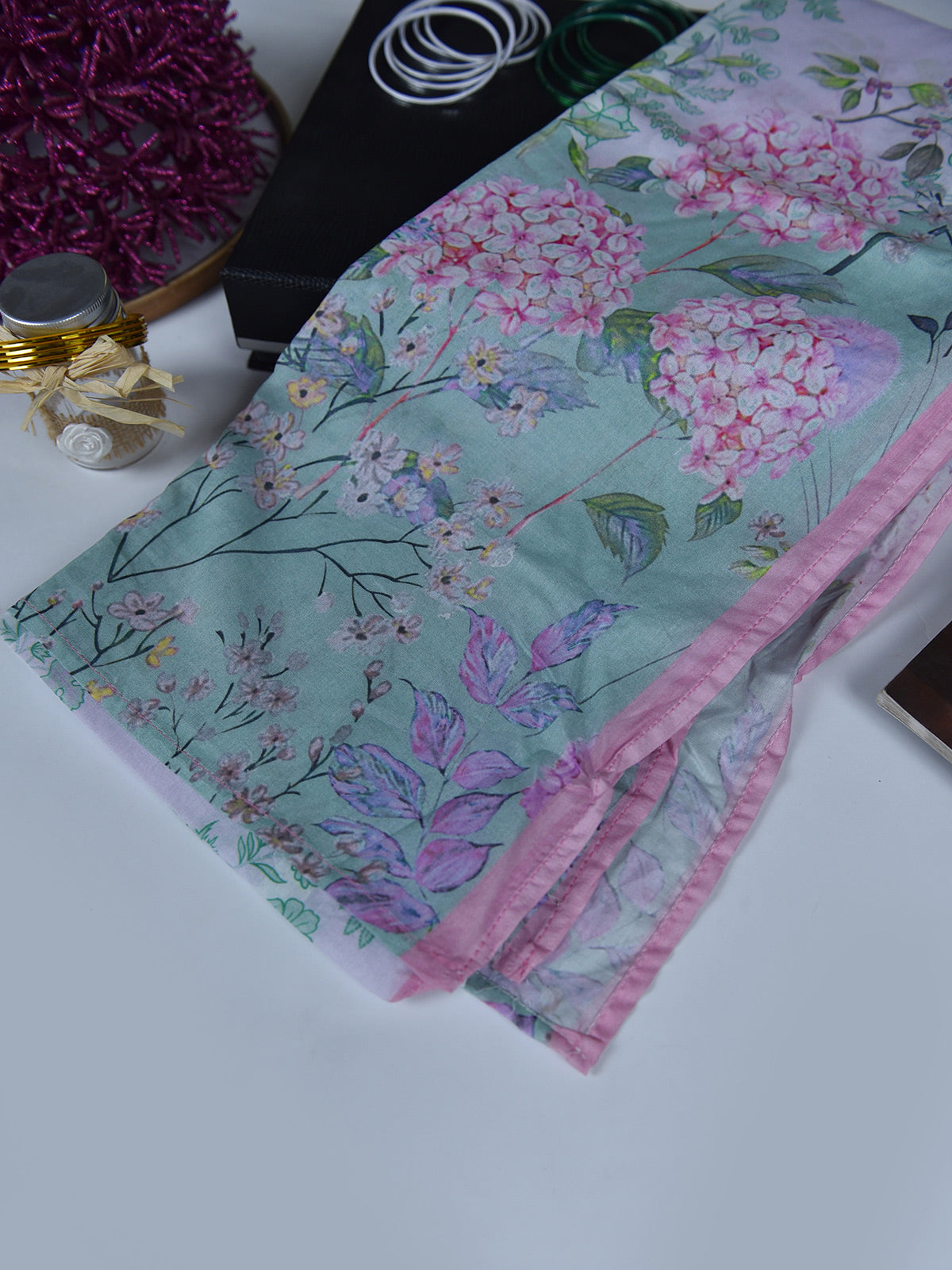 1Pc Printed Pret Dupatta Lawn Aqua Green - OWDT-2504019