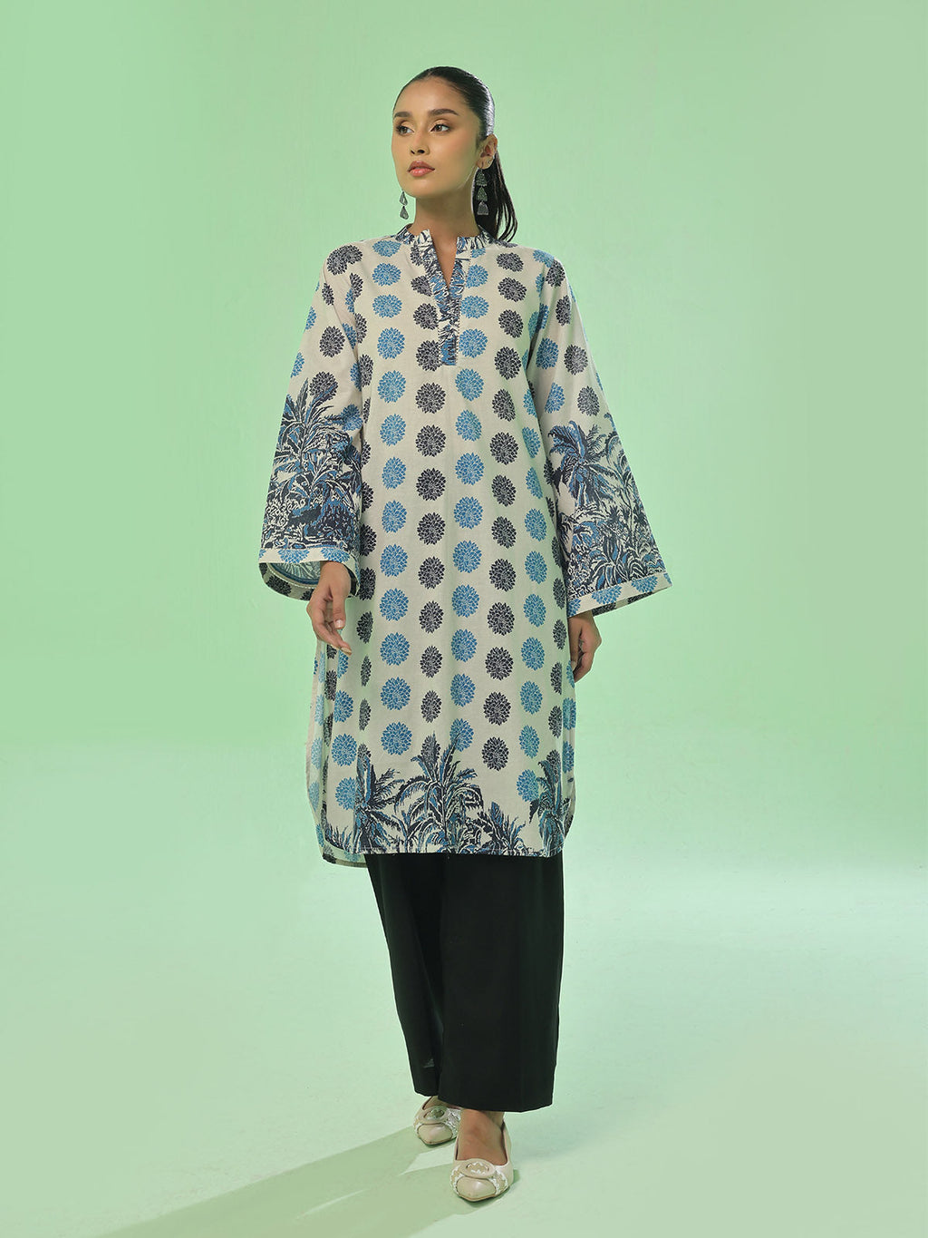 1Pc Printed Unstitched Kurti Lawn Beige & Blue - OLK-6347-A