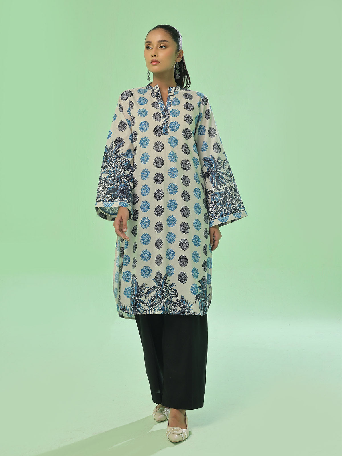 1Pc Printed Unstitched Kurti Lawn Beige & Blue - OLK-6347-A