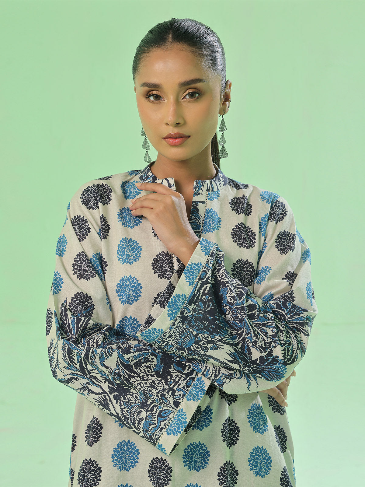 1Pc Printed Pret Kurti Lawn Beige & Blue - OWKT-2505033