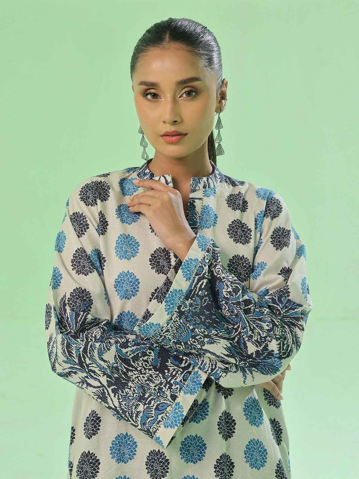 1Pc Printed Pret & Unstitched Kurti Lawn Beige & Blue