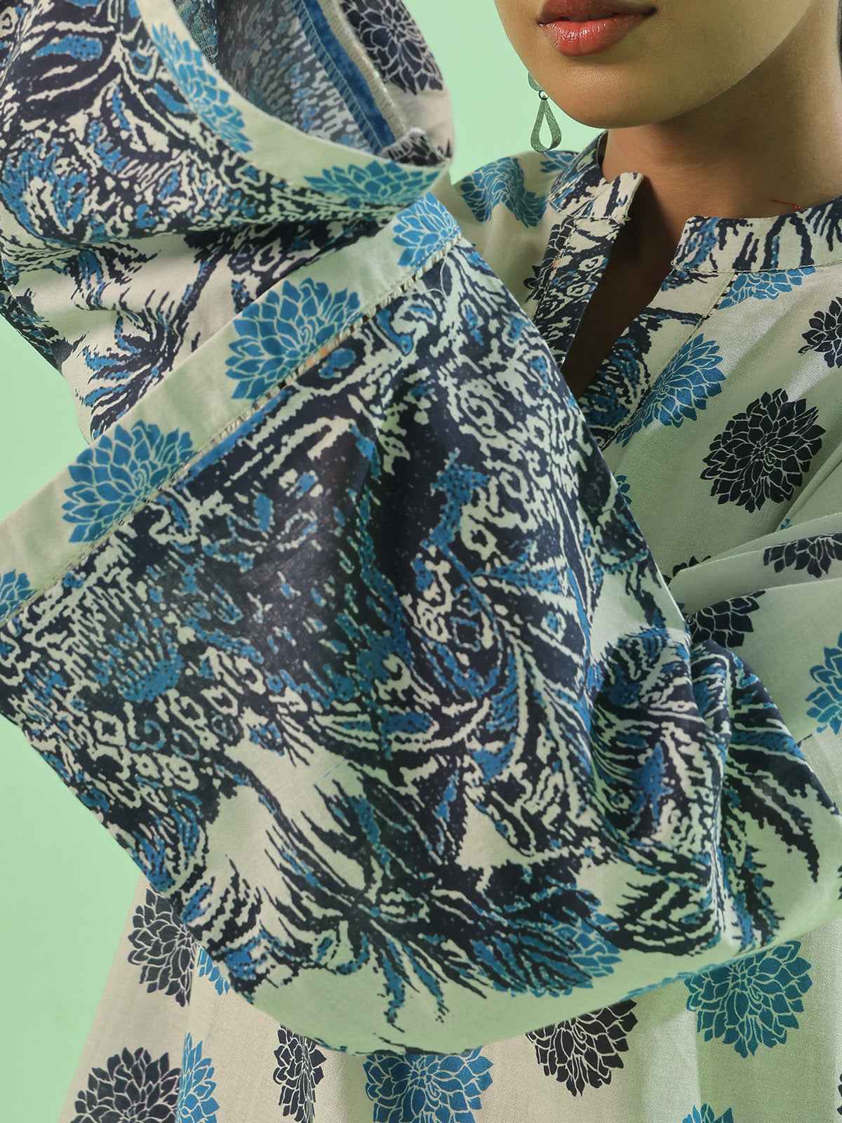 1Pc Printed Pret & Unstitched Kurti Lawn Beige & Blue