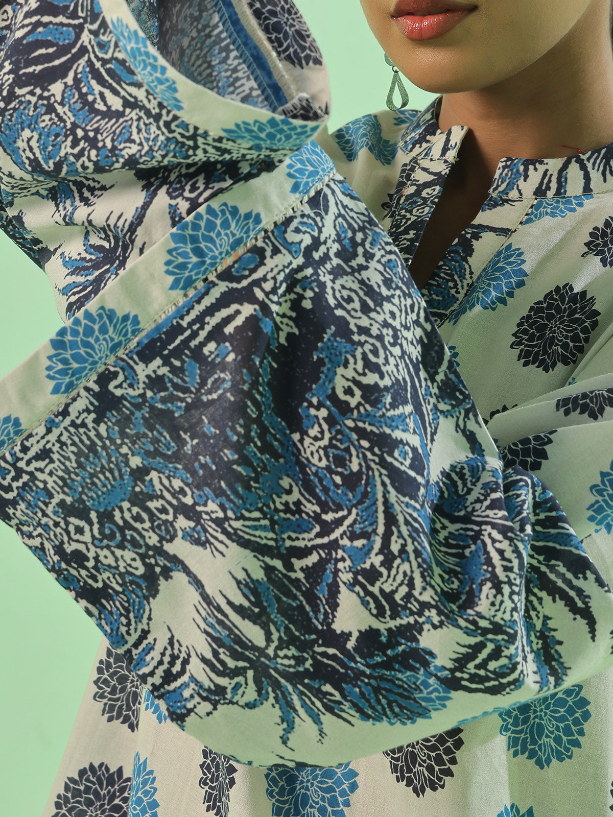 1Pc Printed Pret Kurti Lawn Beige & Blue - OWKT-2505033