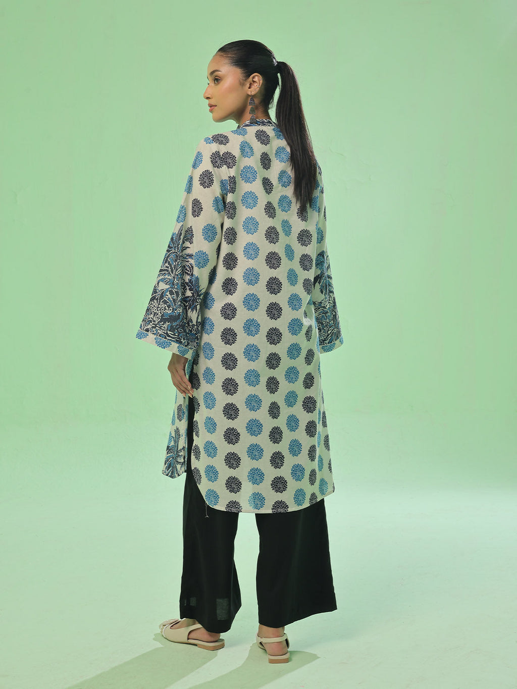 1Pc Printed Pret Kurti Lawn Beige & Blue - OWKT-2505033