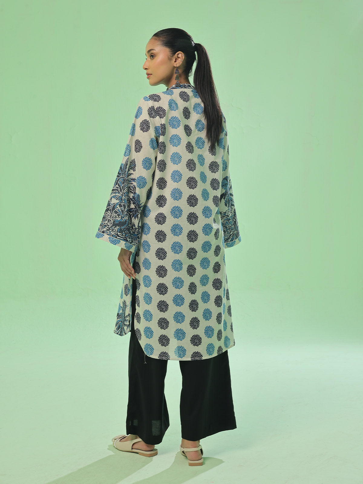 1Pc Printed Pret Kurti Lawn Beige & Blue - OWKT-2505033