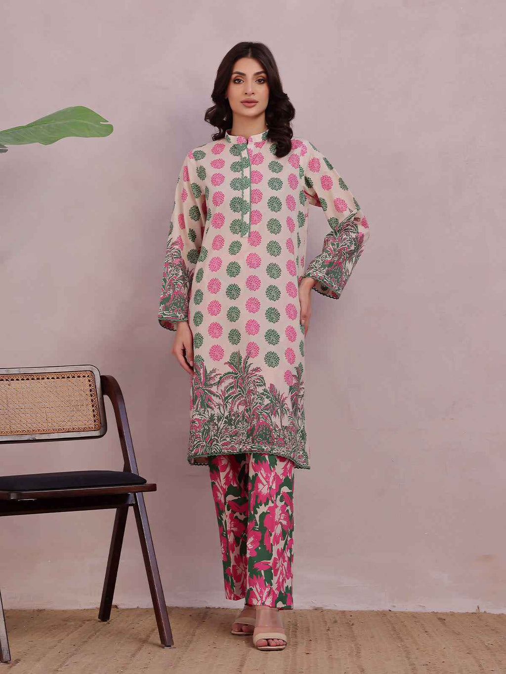 2Pc Printed Pret & Unstitched Shirt Trouser Lawn Green & Pink