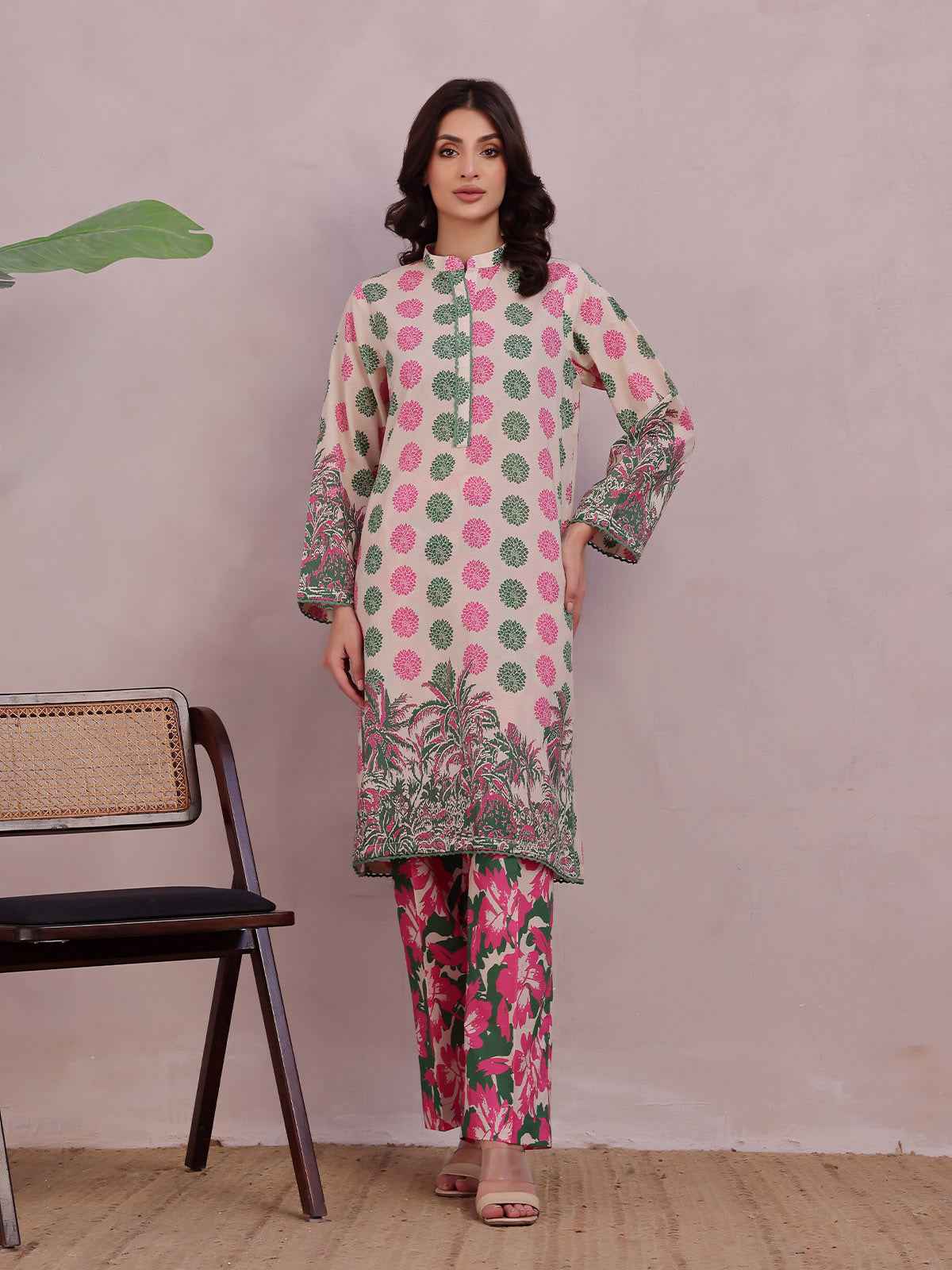 2Pc Printed Pret & Unstitched Shirt Trouser Lawn Green & Pink