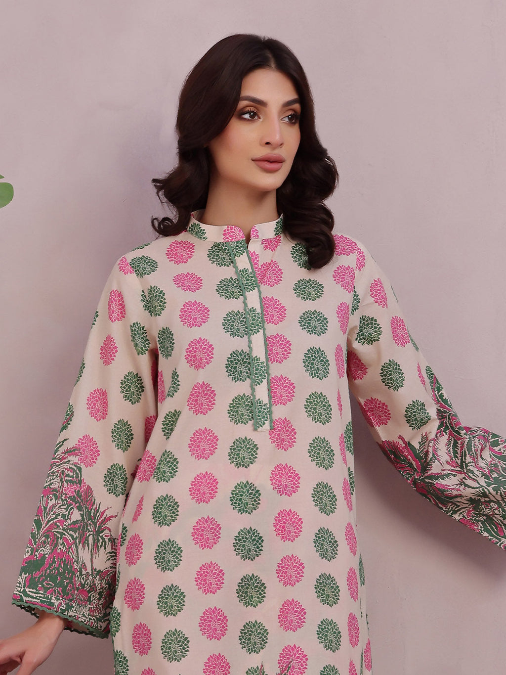 2Pc Printed Pret & Unstitched Shirt Trouser Lawn Green & Pink