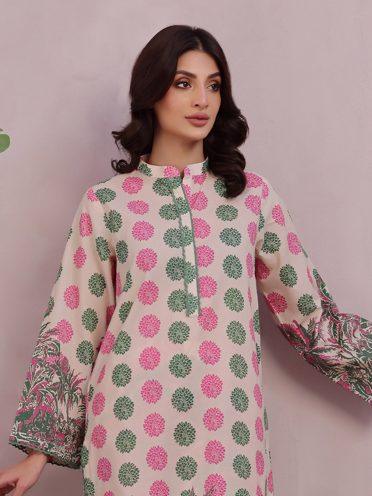 2Pc Printed Pret & Unstitched Shirt Trouser Lawn Green & Pink