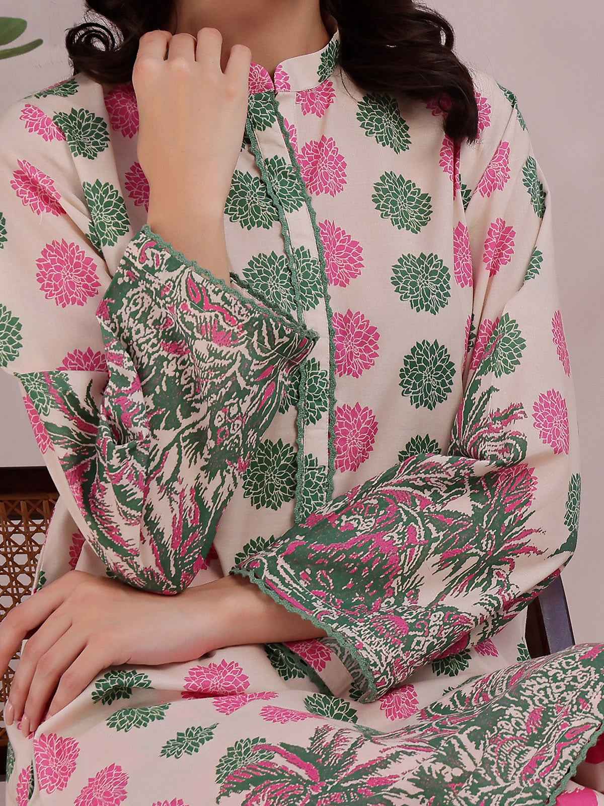 2Pc Printed Pret & Unstitched Shirt Trouser Lawn Green & Pink