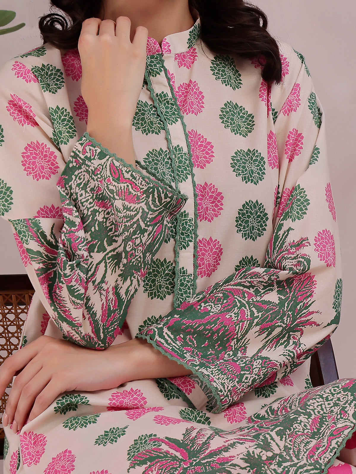 2Pc Printed Pret Shirt Trouser Lawn Green & Pink - OW2P-2505001